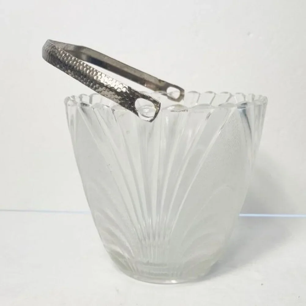Vintage Nouveau Clear Brockway Glass Ice Bucket Stipled Loops and Metal Handle